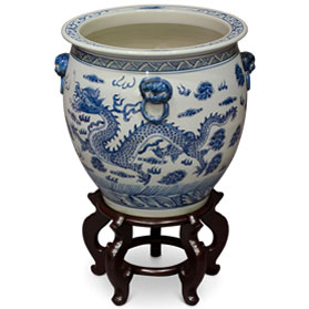 16 Inch Blue and White Porcelain Imperial Dragon Chinese Fishbowl Planter