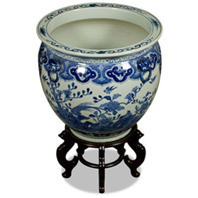 19 Inch Blue and White Porcelain Bird and Flower Chinese Fishbowl Planter