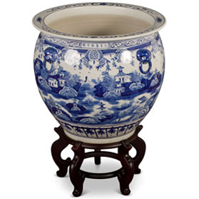 19 Inch Blue and White Porcelain Chinoiserie Village Scenery Oriental Fishbowl Planter