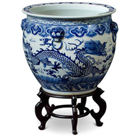 22 Inch Blue and White Porcelain Imperial Dragon Chinese Fishbowl Planter