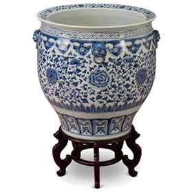 23.5 Inch Grand Blue and White Porcelain Peony Motif Oriental Fishbowl Planter
