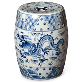 Blue & White Porcelain Chinese Imperial Dragon Motif Garden Stool