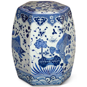 Blue & White Porcelain Lotus and Fish Motif Chinese Garden Stool
