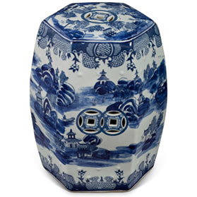 Blue & White Porcelain Chinese Scenery Hexagon Garden Stool