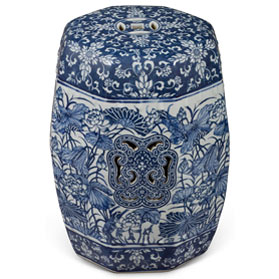 Blue & White Porcelain Lotus and Flower Motif Chinese Octogonal Garden Stool