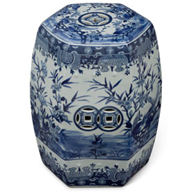 Blue & White Porcelain Bamboo Motif Chinese Hexagonal Garden Stool