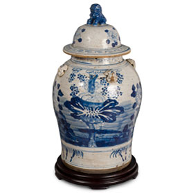 26 Inch Vintage Blue & White Flower Motif Porcelain Chinese Ginger Jar
