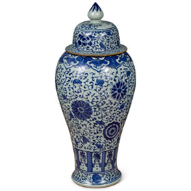 38in Blue and White Chrysanthemum Motif Chinese Vase with Lid