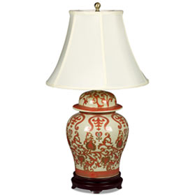 Red and Gold Floral Vine Motif Asian Temple Jar Porcelain Lamp