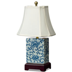 Blue and White Peony Motif Rectangular Asian Porcelain Lamp