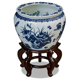 14 Inch Blue and White Porcelain Lotus Pond Chinese Fishbowl Planter