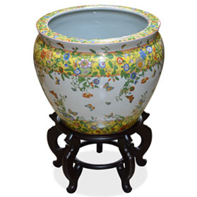 18 Inch Porcelain Butterfly and Flower Motif Chinese Fishbowl Planter
