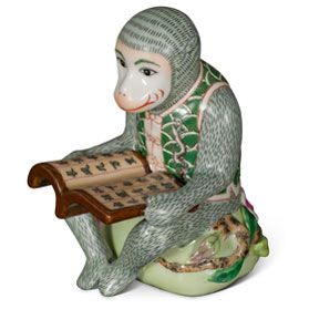 Green Porcelain Monkey Reading Book Figurine