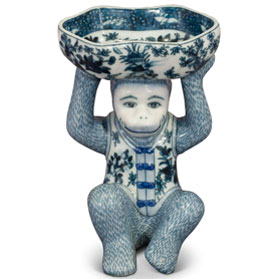 Blue and White Chinese Porcelain Monkey Holding Lotus Dish